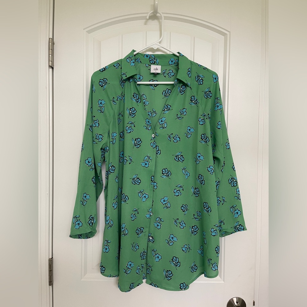 CAbi Green and Blue Floral Blouse